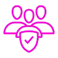 A pink icon representing a group of people with a shield symbol, indicating protection or security.