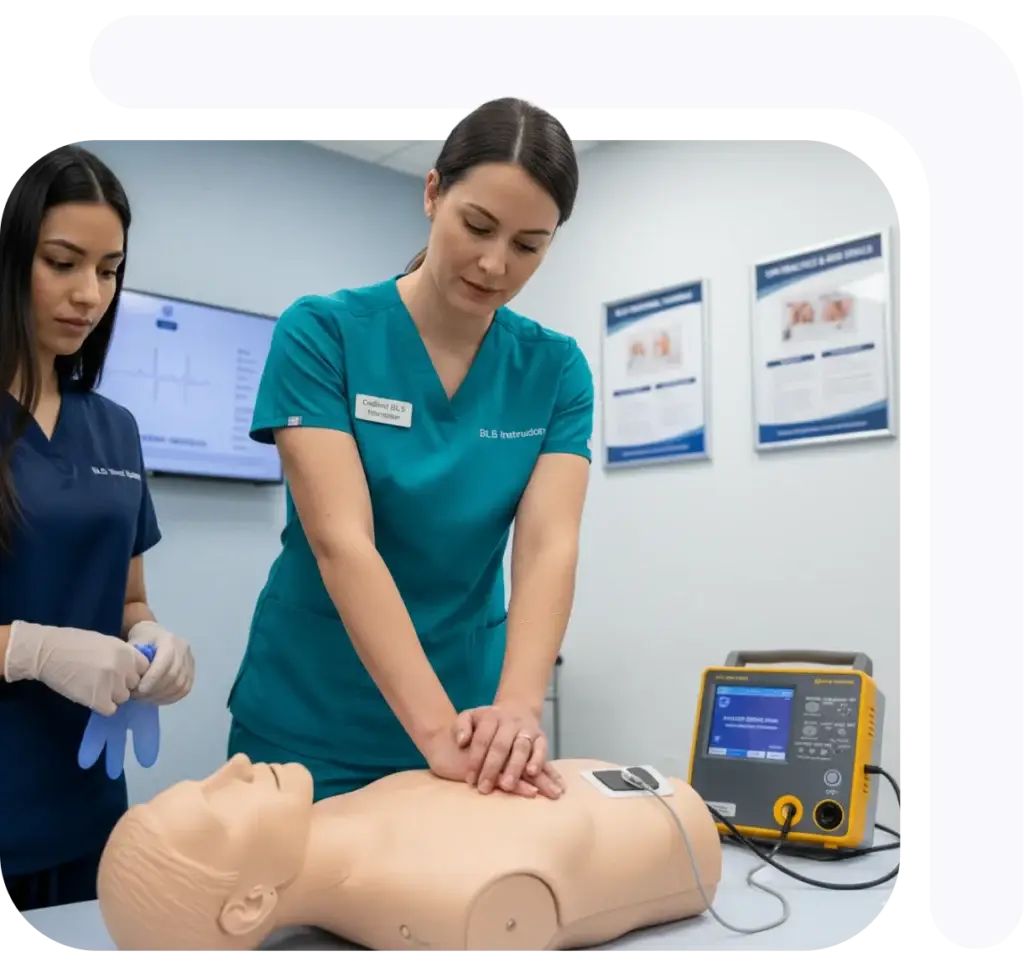 Two medical professionals practicing CPR techniques on a training mannequin in a clinical setting.