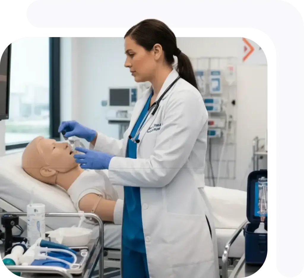 Healthcare professional performing a procedure on a simulation mannequin in a medical training environment.