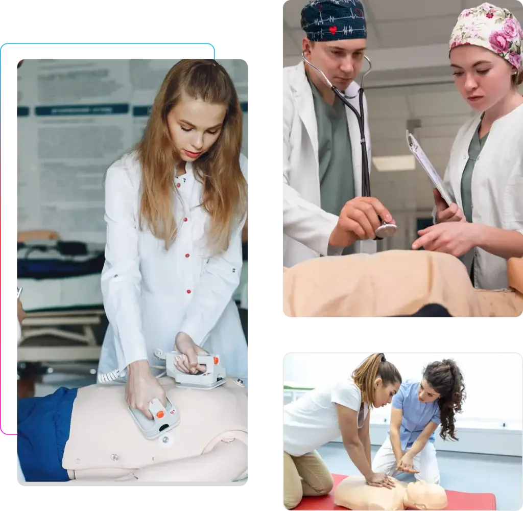 Medical professionals demonstrating CPR techniques on a training mannequin during a session.