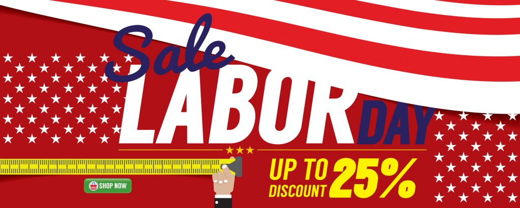 Labor Day sale banner featuring red and white colors with stars and a measuring tape graphic.