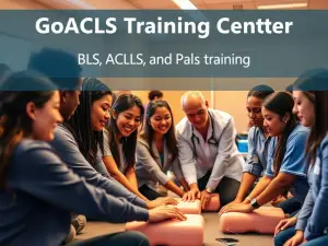 Group of individuals participating in BLS, ACLS, and PALS training at GoACLS Training Center.
