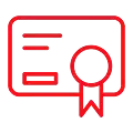 Red icon of a certificate with a ribbon, symbolizing achievement or completion.